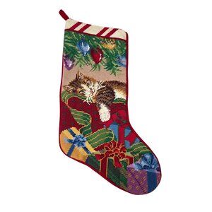 vintage needlepoint Christmas stocking Tabby Cat